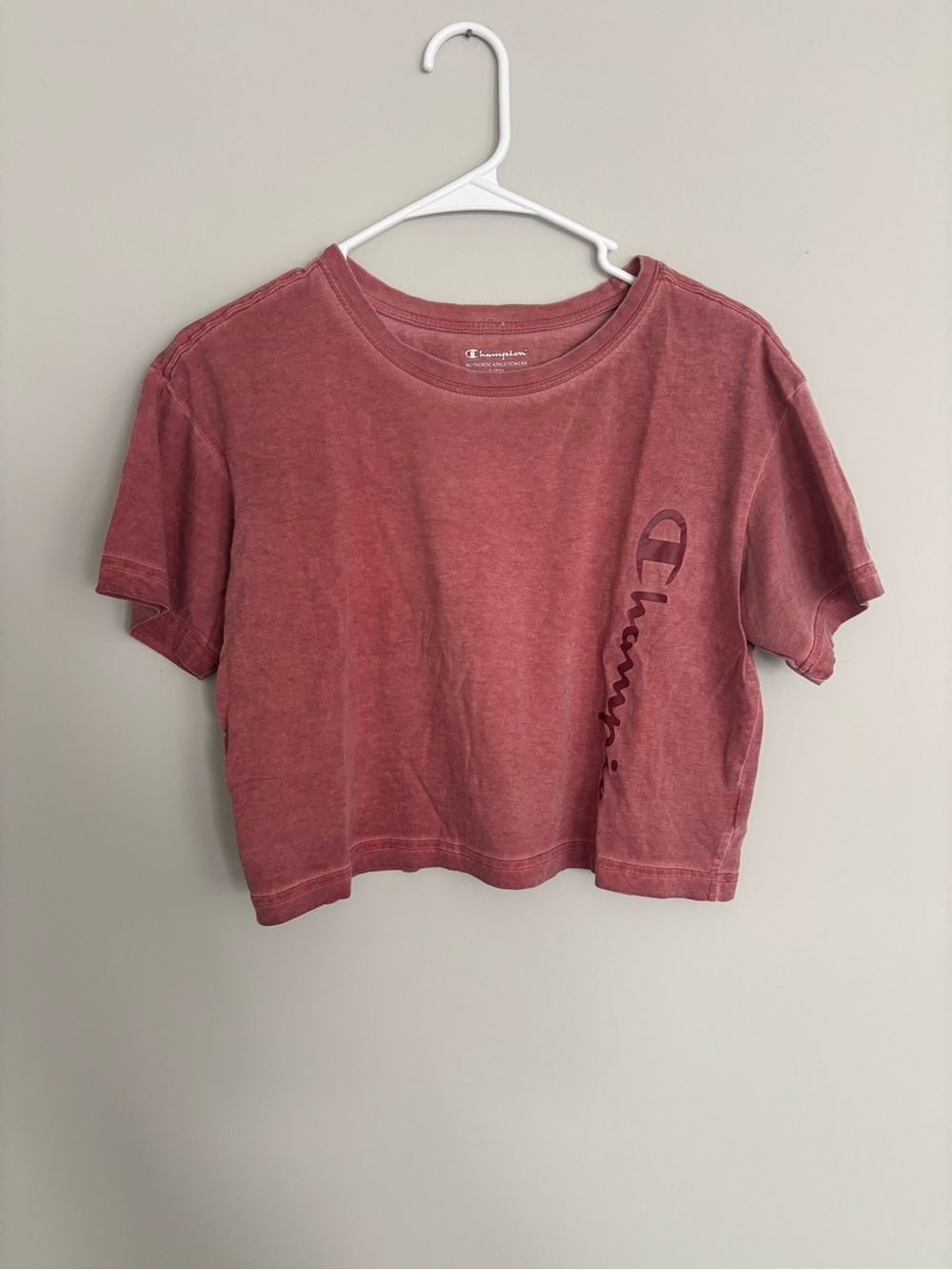 Champion Cropped Logo Tee in rusty red color
